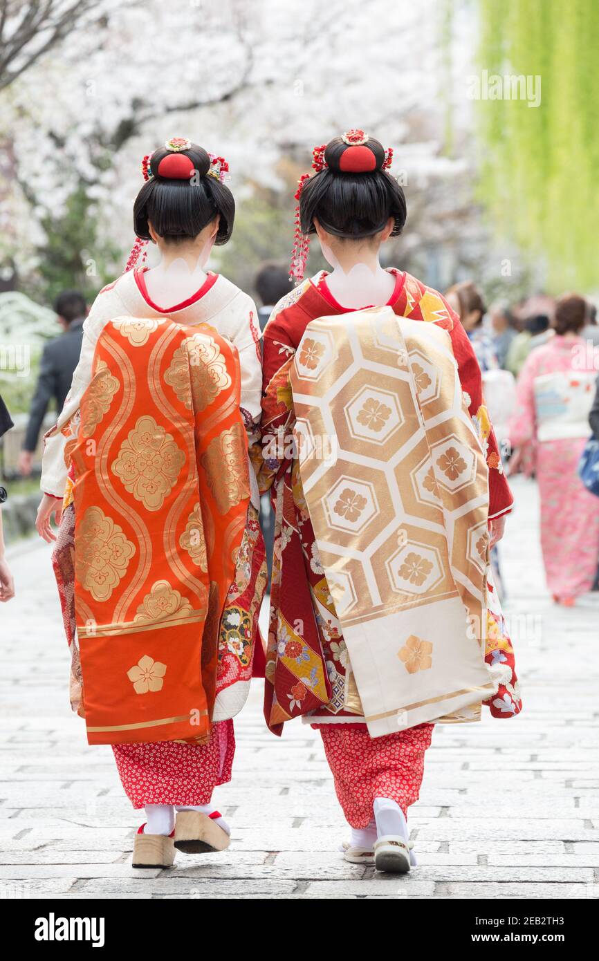 Kyoto Japan Two Women Dressed as Geisha on Shinbashi Dori Stock Photo