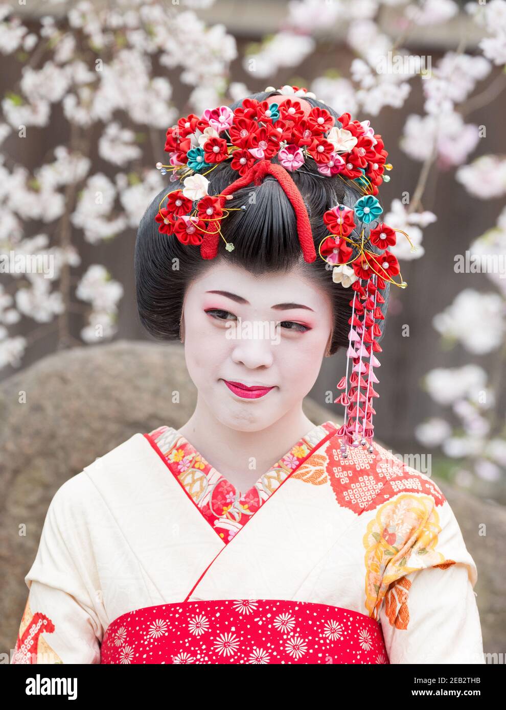 Kyoto Japan Portrait of woman Dressed as Geisha on Shinbashi Dori Stock Photo