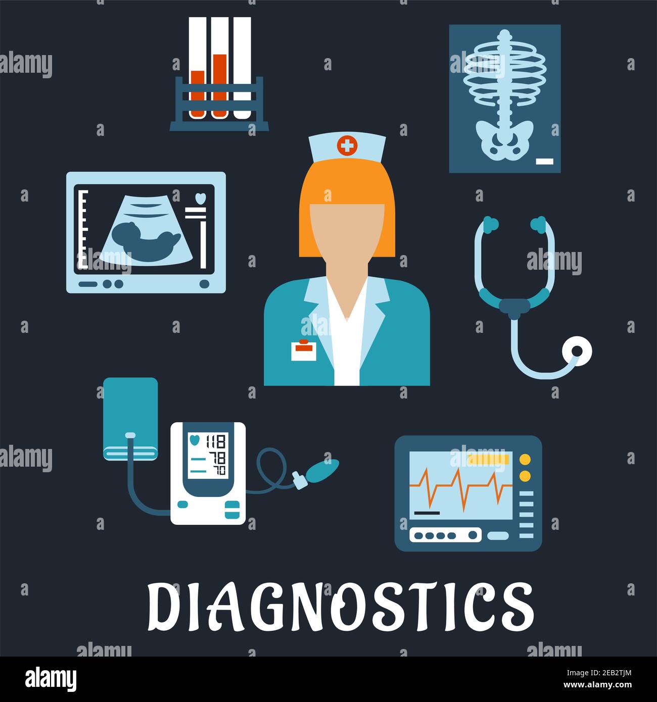 Medical diagnostic procedures flat icons with doctor, surrounded by stethoscope, chest x-ray, blood test tubes, ecg and ultrasound monitors, blood pre Stock Vector