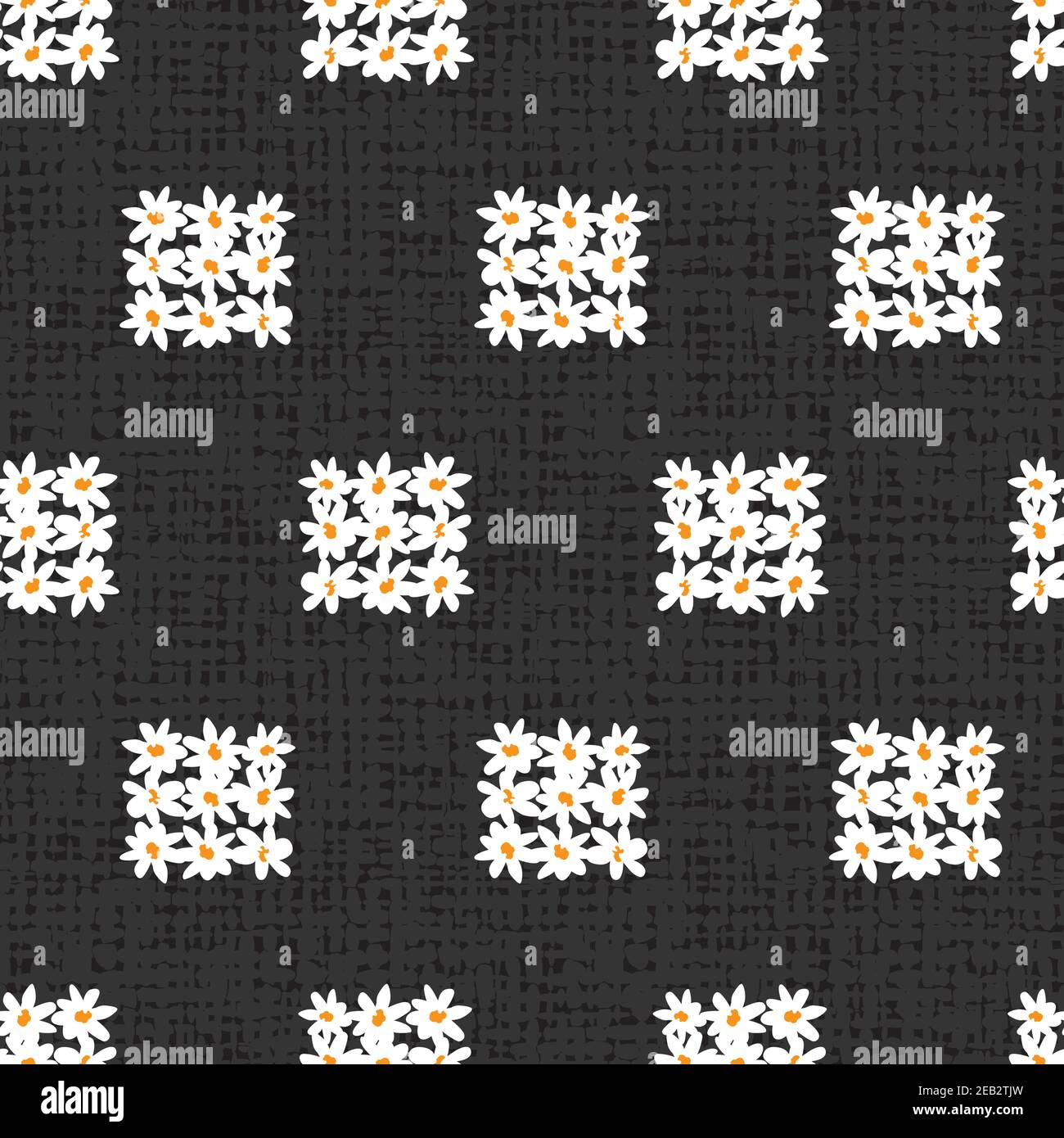 Vector black fun daisy flowers elegant squares repeat pattern with dark grey canvas background. Suitable for textile, gift wrap and wallpaper. Stock Vector