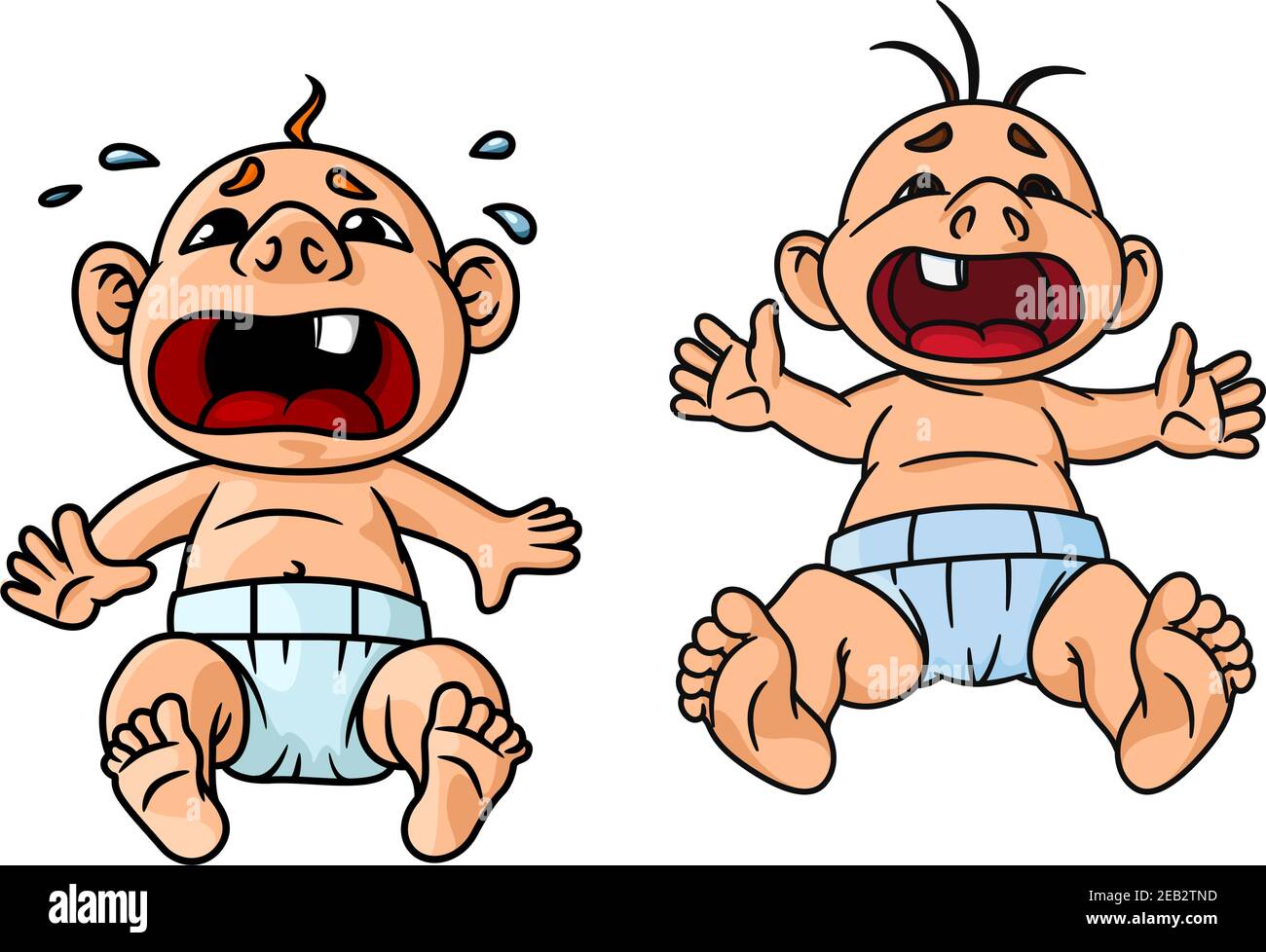 Cartoon crying babies with wide open mouths and tear drops around one of them, for childish theme concept Stock Vector