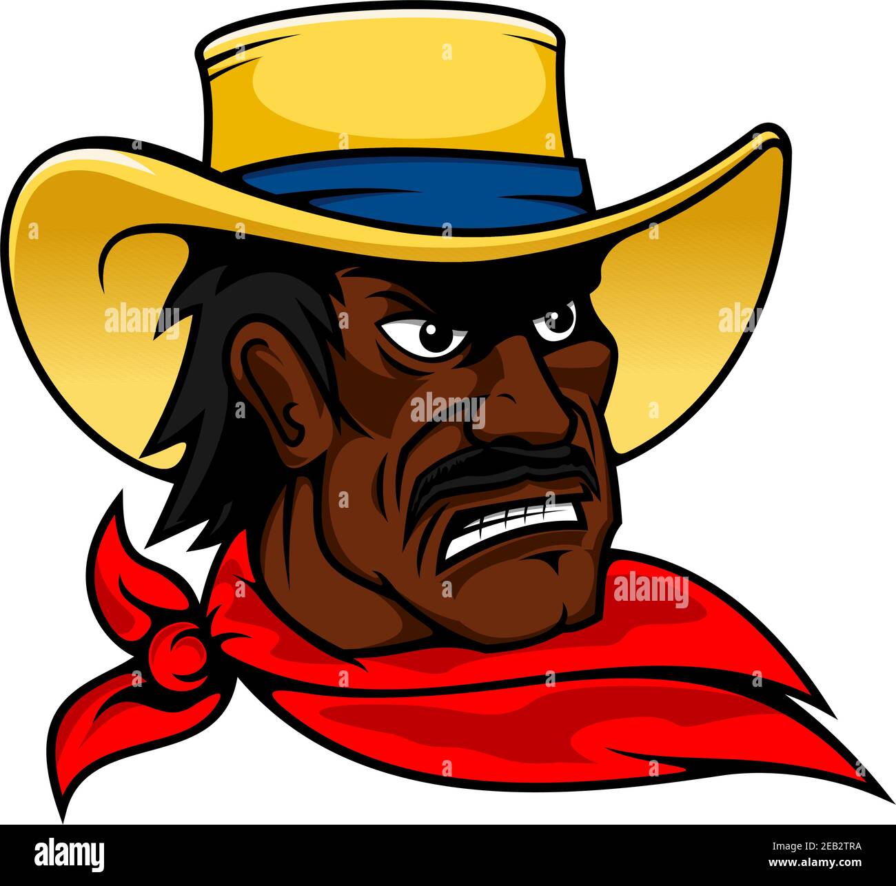 Moustached african american cowboy man in yellow hat and red neckerchief, for western or farming design, cartoon style Stock Vector