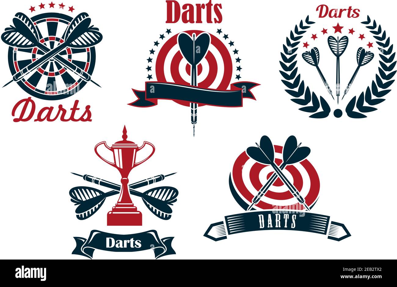 Darts game icons design with dartboard, arrows and trophy cup, adorned