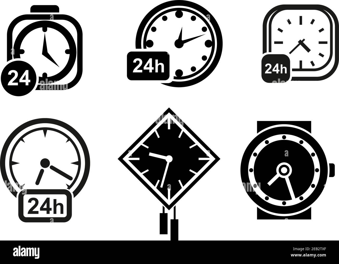 Clock and time icons with wall clocks, wristwatch and alarm clock with
