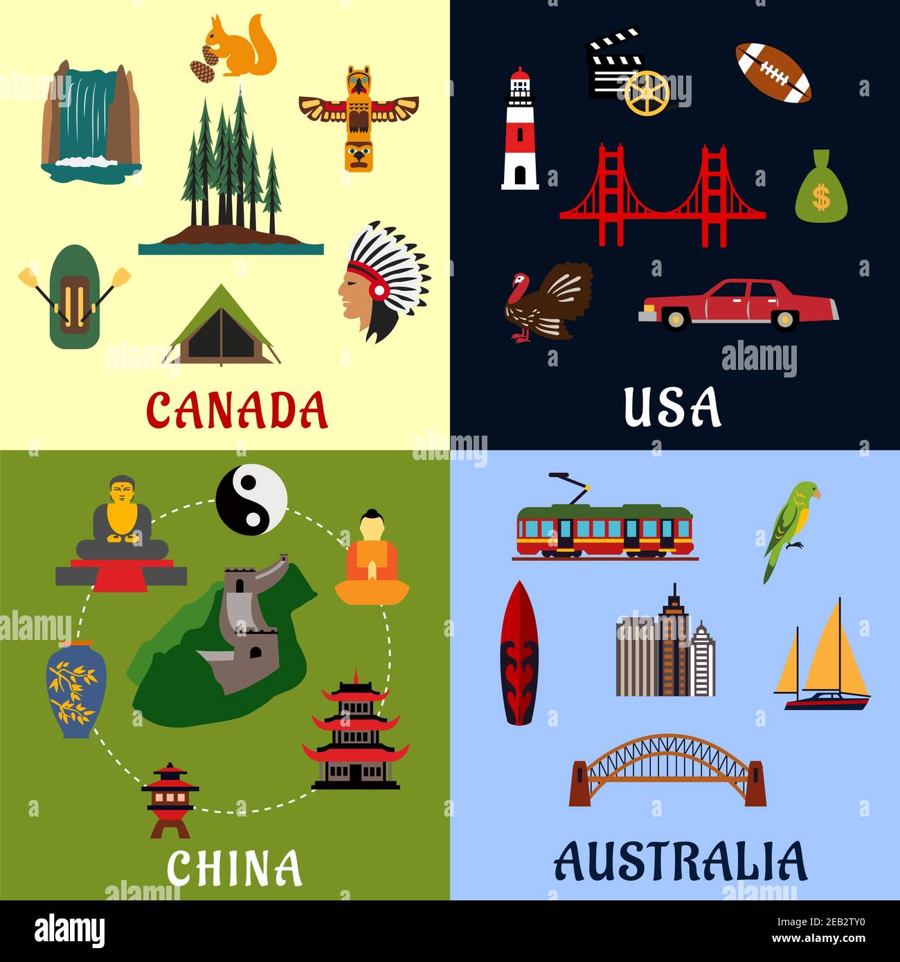 Nature, religion, culture, architecture flat icons USA, Canada, China Australia. For travel theme design Stock Vector & Art - Alamy