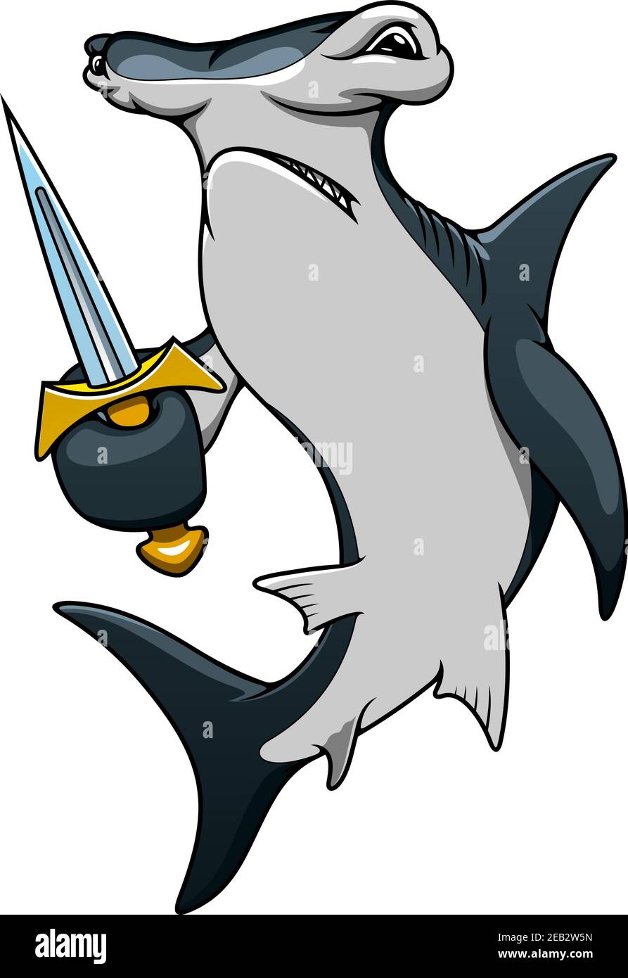 Dangerous hammerhead shark pirate cartoon character with sharp sword
