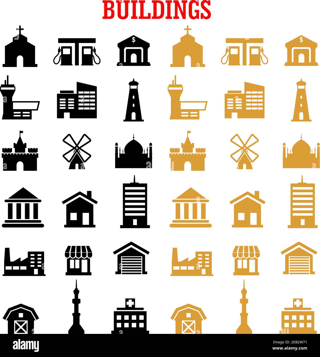 Building flat icons set with black and yellow house bank store, office factory school, hospital church apartment gas station, museum tv tower garage f Stock Vector