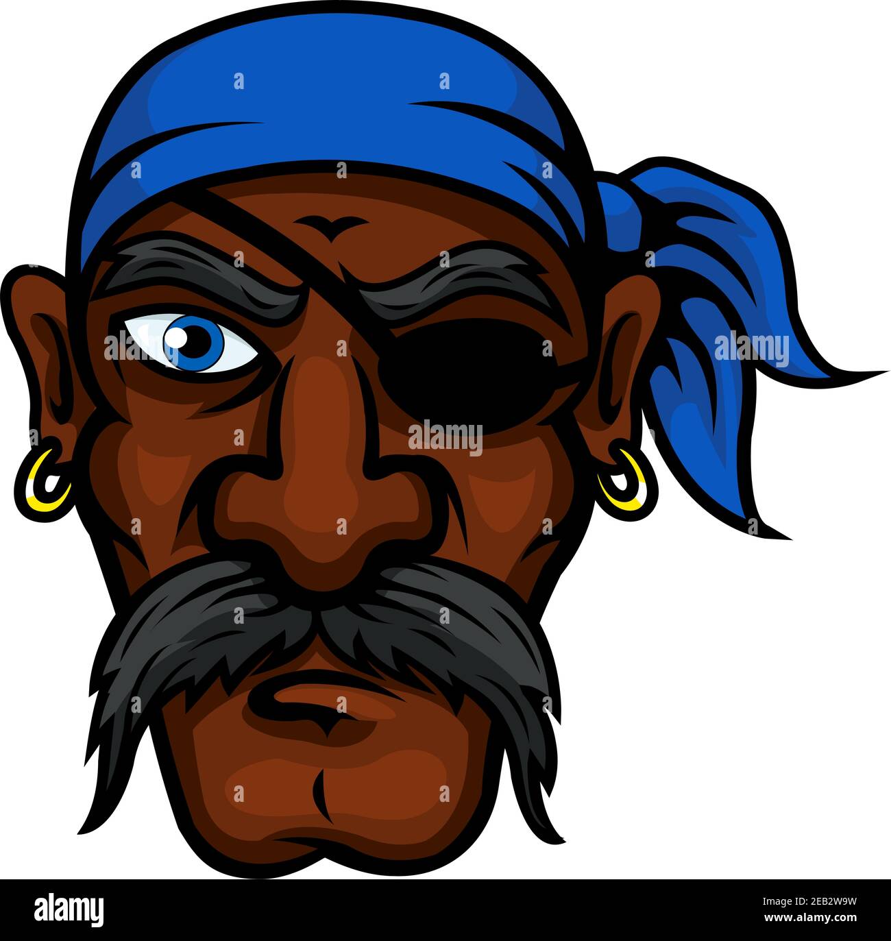 Brutal african american pirate cartoon character with blue bandanna, eye  patch, golden earrings and long moustache, for marine and adventure theme  Stock Vector Image & Art - Alamy