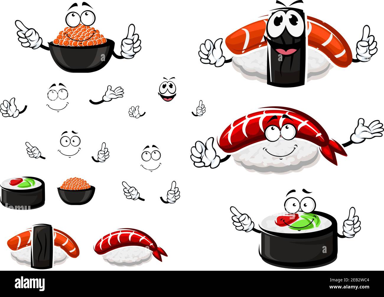 Nigiri sushi with shrimp and smoked salmon, sushi roll with tuna and avocado and salted red caviar cartoon characters, for seafood menu theme Stock Vector