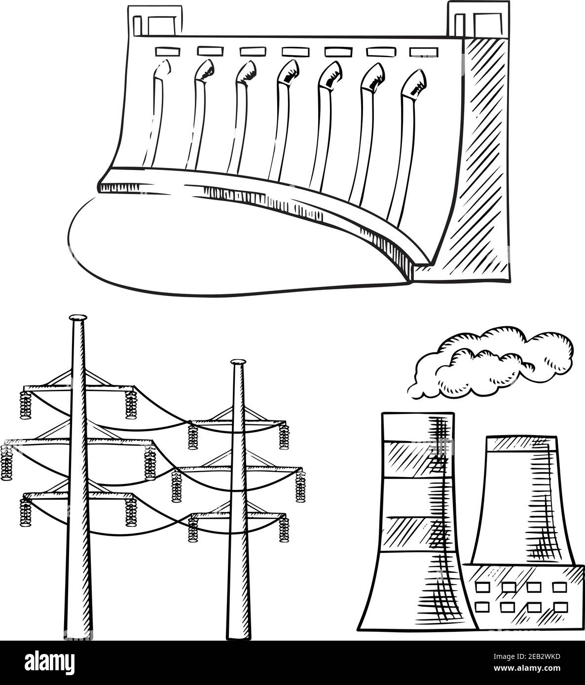 Hydro power plant with dam, thermal power plant with cooling towers and high voltage power line towers. Sketch icons for industry theme design Stock Vector