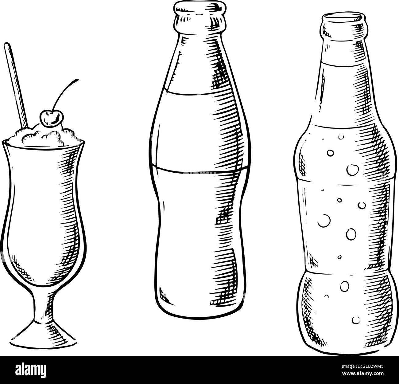 Beer and soda bottles with milk cocktail, served in tall glass with cherry fruit and drink straw. Sketch image Stock Vector