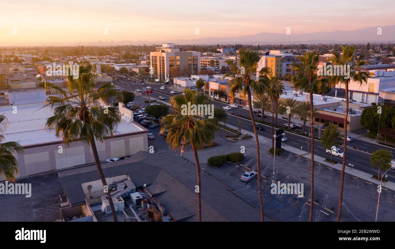 Sunset aerial view of downtown Downey, California, USA Stock Photo Alamy