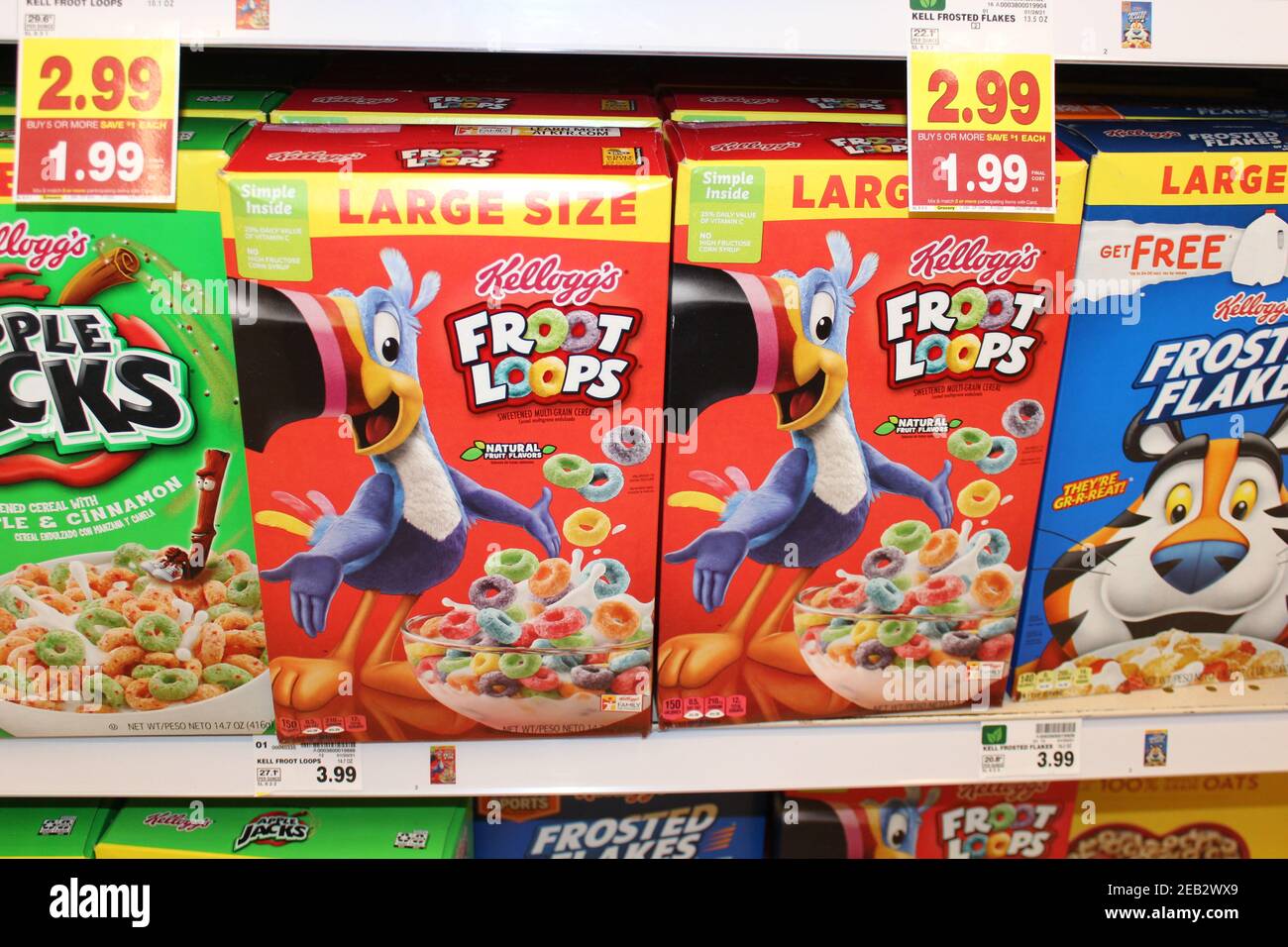 Kellogg's Fruit Loops shot closeup on a metal shelf at a grocery store in Kansas. Stock Photo