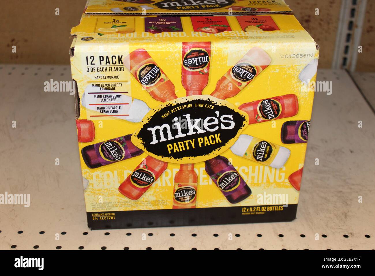 Mikes Party Pack shot closeup on a metal shelf that's bright and colorful at a Dillons store in Kansas. Stock Photo