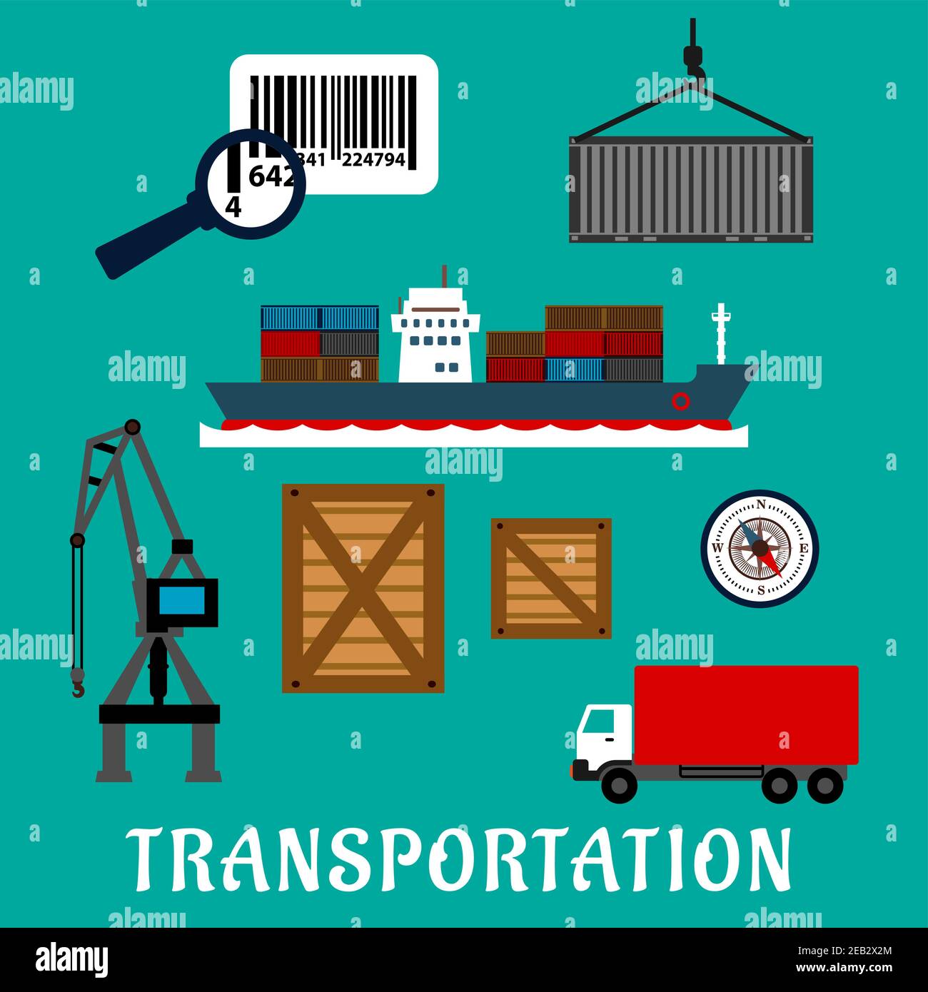 Shipping and delivery flat icons with container ship, cargo crane, wooden and steel containers, barcode with magnifier, compass and delivery truck Stock Vector