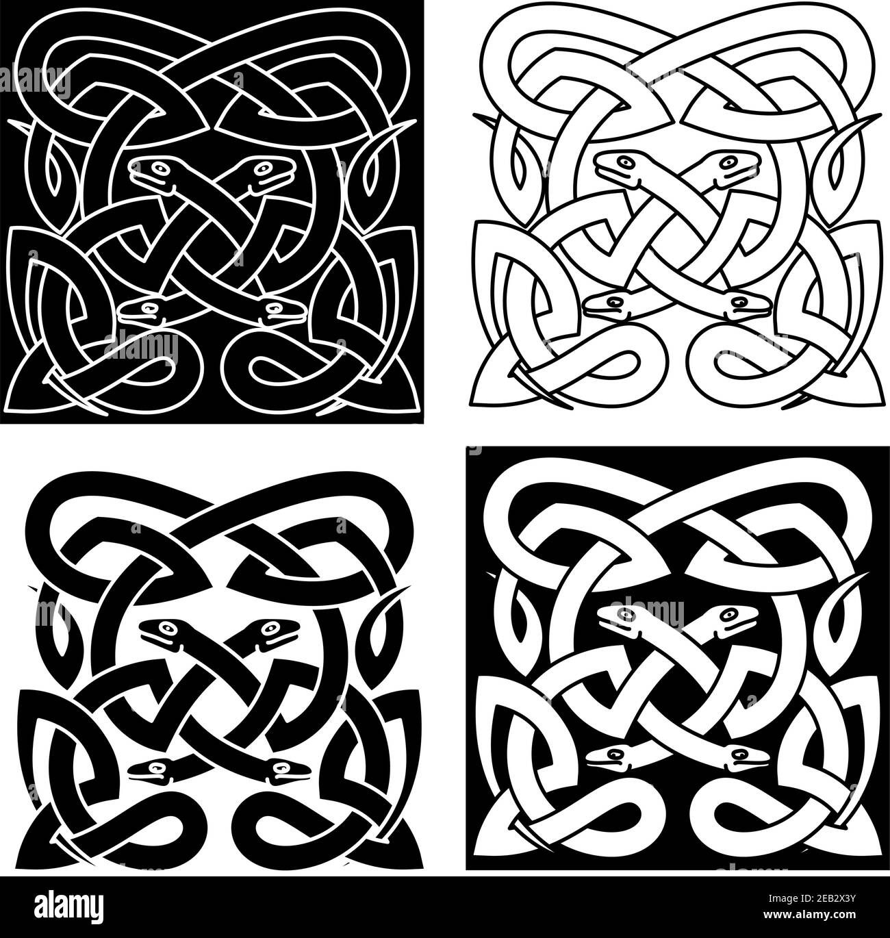 Medieval celtic reptile knot pattern with mythical snakes, for tattoo or t-shirt design Stock Vector