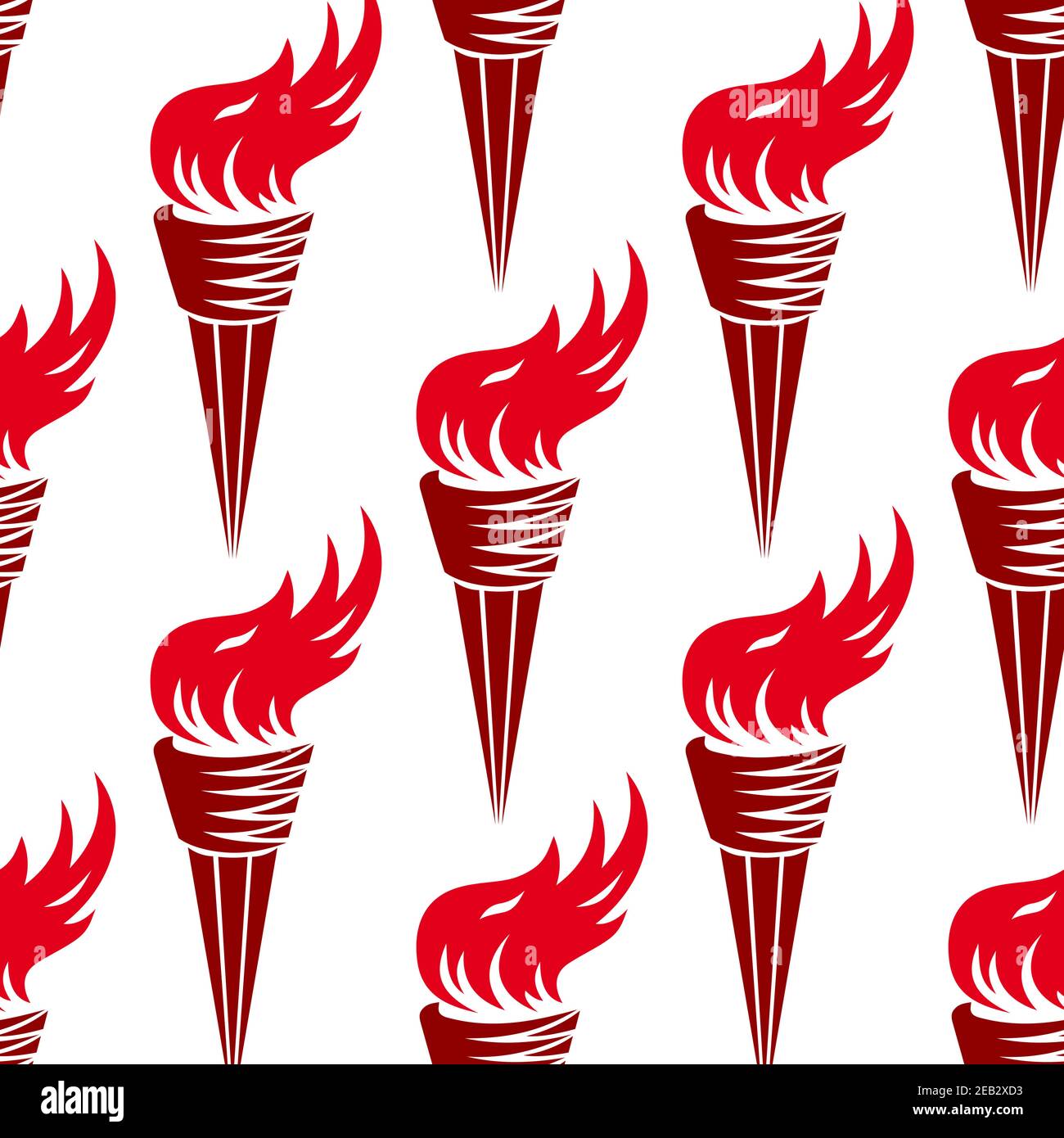 Seamless ancient greek burning torches pattern with bright red fire flames and conical handle on white background for sporting competition or victory Stock Vector