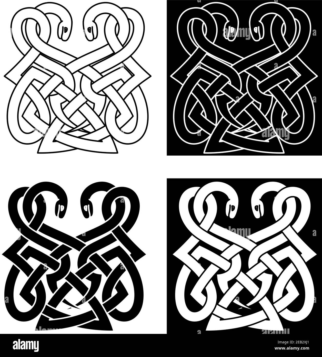 Medieval celtic ornament with two intertwined snakes with traditional tribal elements Stock Vector