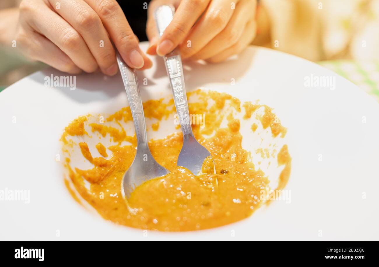Dirty empty plate and spoon and fork put on the plate after eating
