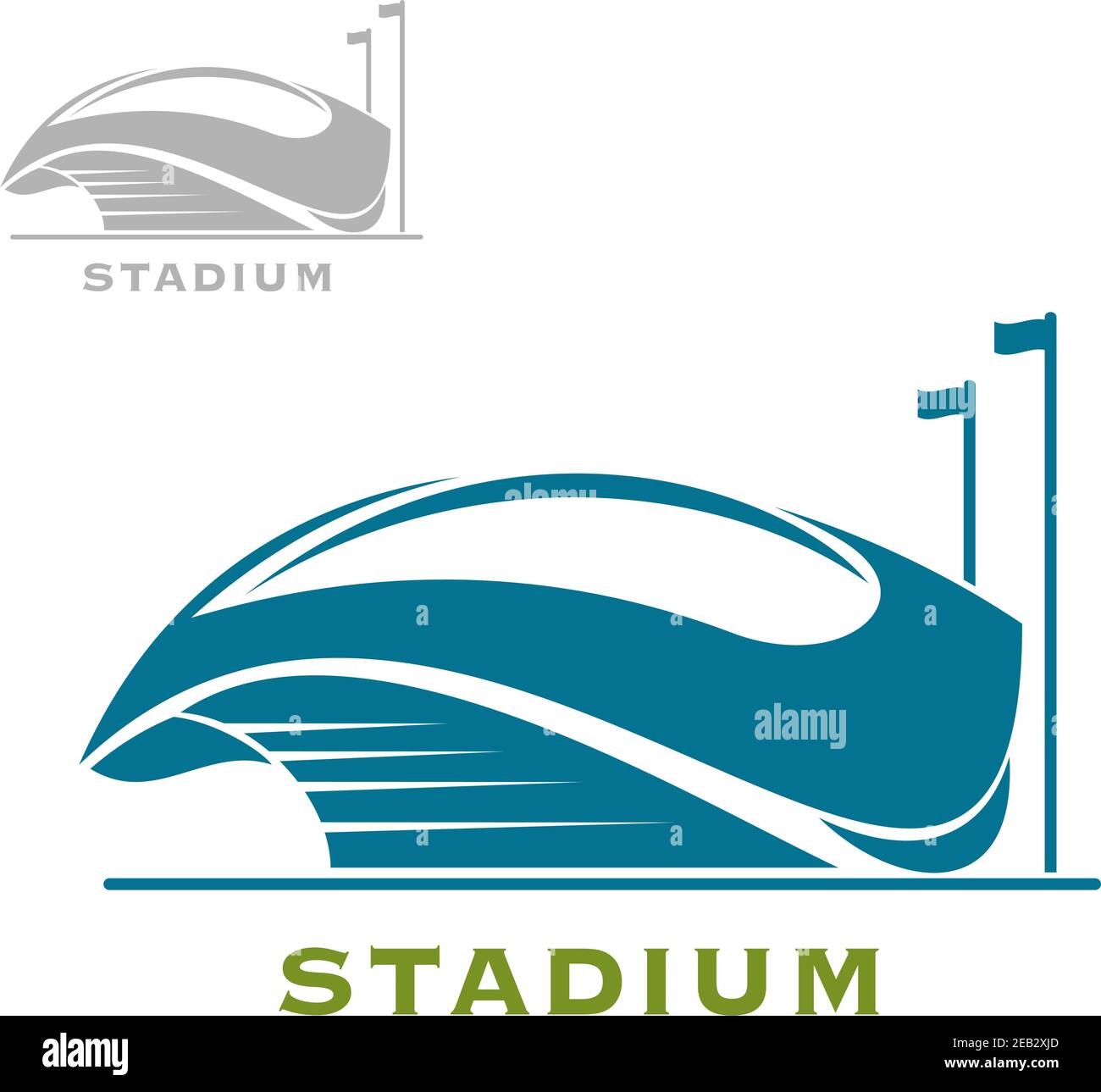 Modern stadium building blue icon with cup shaped base, open roof and caption Stadium below, for sport theme design Stock Vector