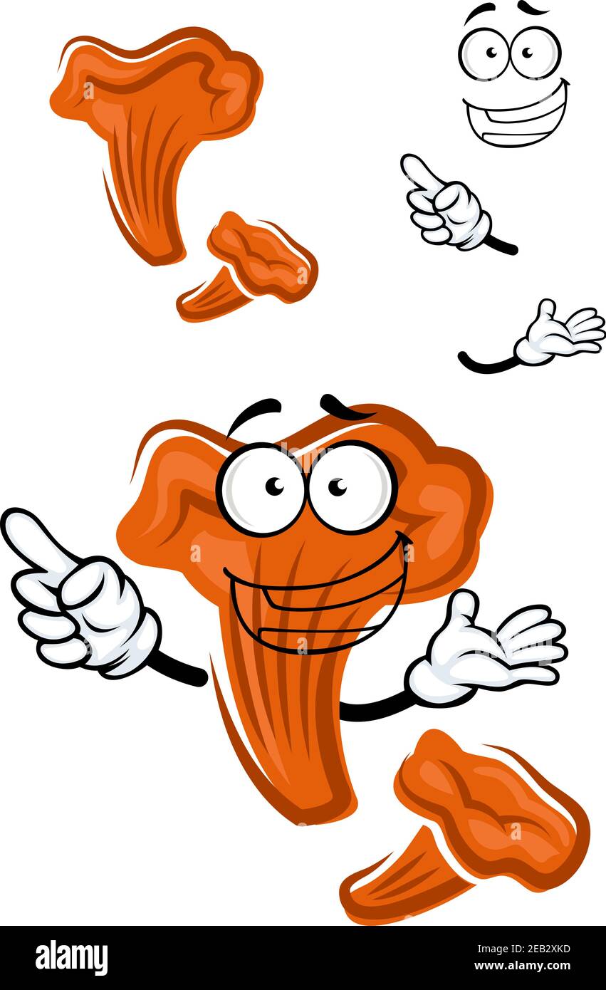 Forest orange chanterelle mushroom cartoon character, isolated on white, for healthy vegetarian food theme Stock Vector