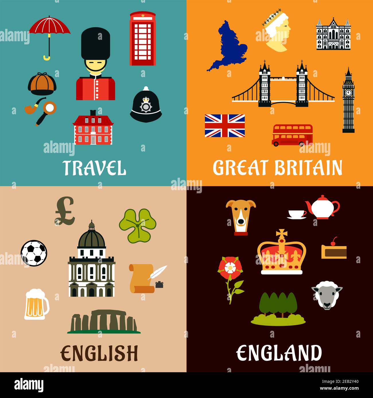 Architectural and historical landmarks, culture and national symbols of  Great Britain. Travel design flat icons Stock Vector Image & Art - Alamy