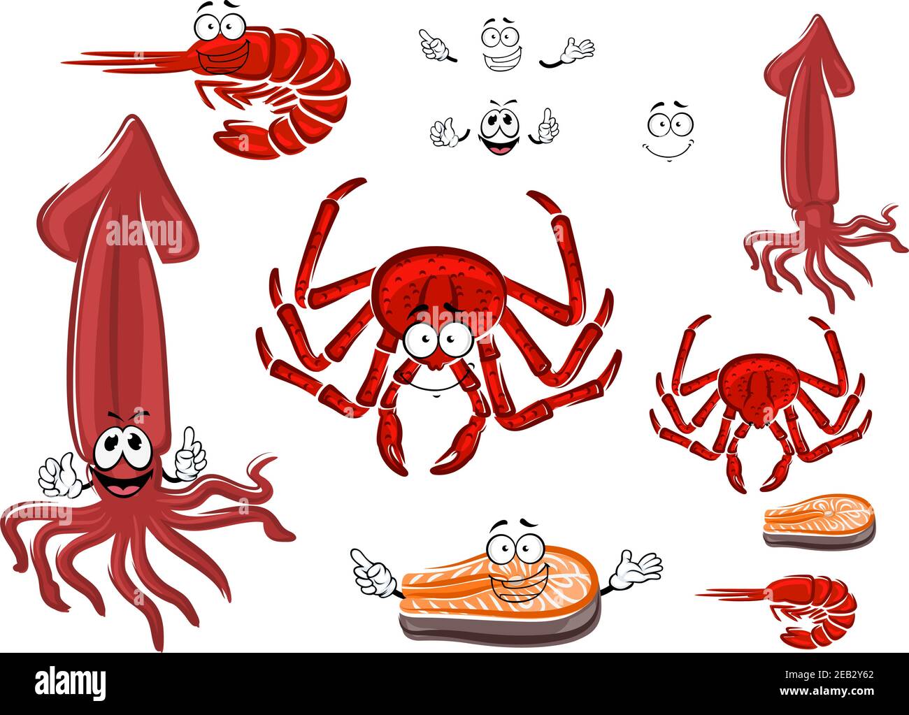 Fresh cartoon red crab, shrimp, salmon steak and squid characters with
