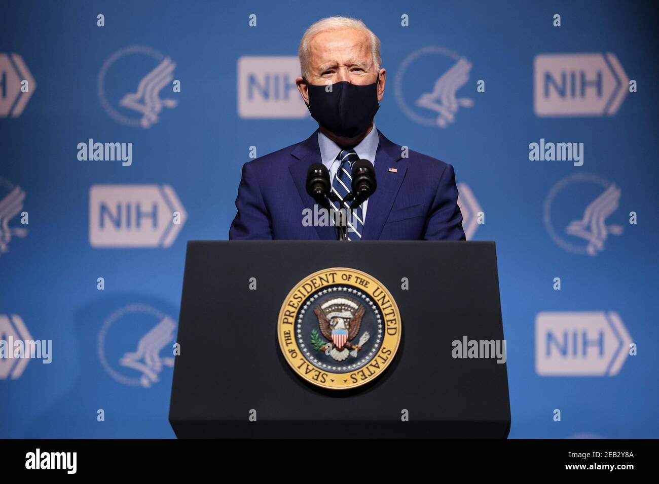 President Joe Biden talks to staff at the National Institutes of Health on Thursday, February 11, 2021 in Bethesda, Maryland. Credit: Oliver Contreras/Pool via CNP/MediaPunch Stock Photo