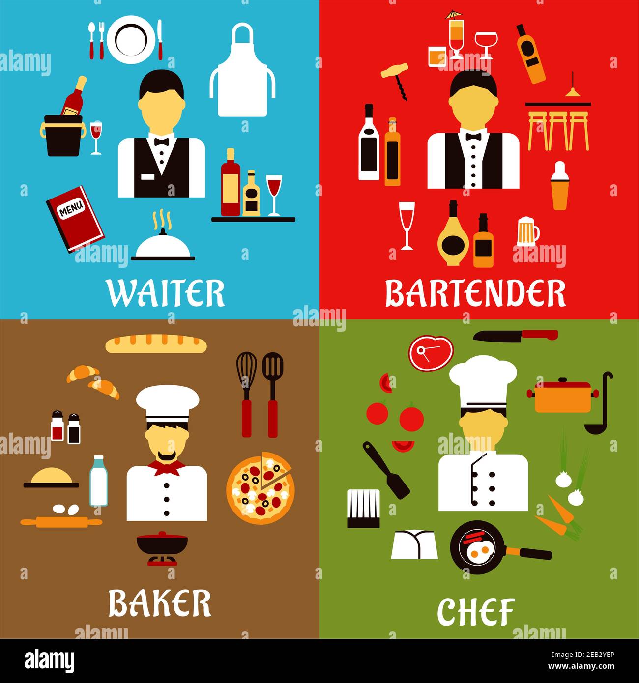 Chef, baker, waiter and bartender professions flat icons with workers of food service industry in professional uniform, with food and drink symbols Stock Vector