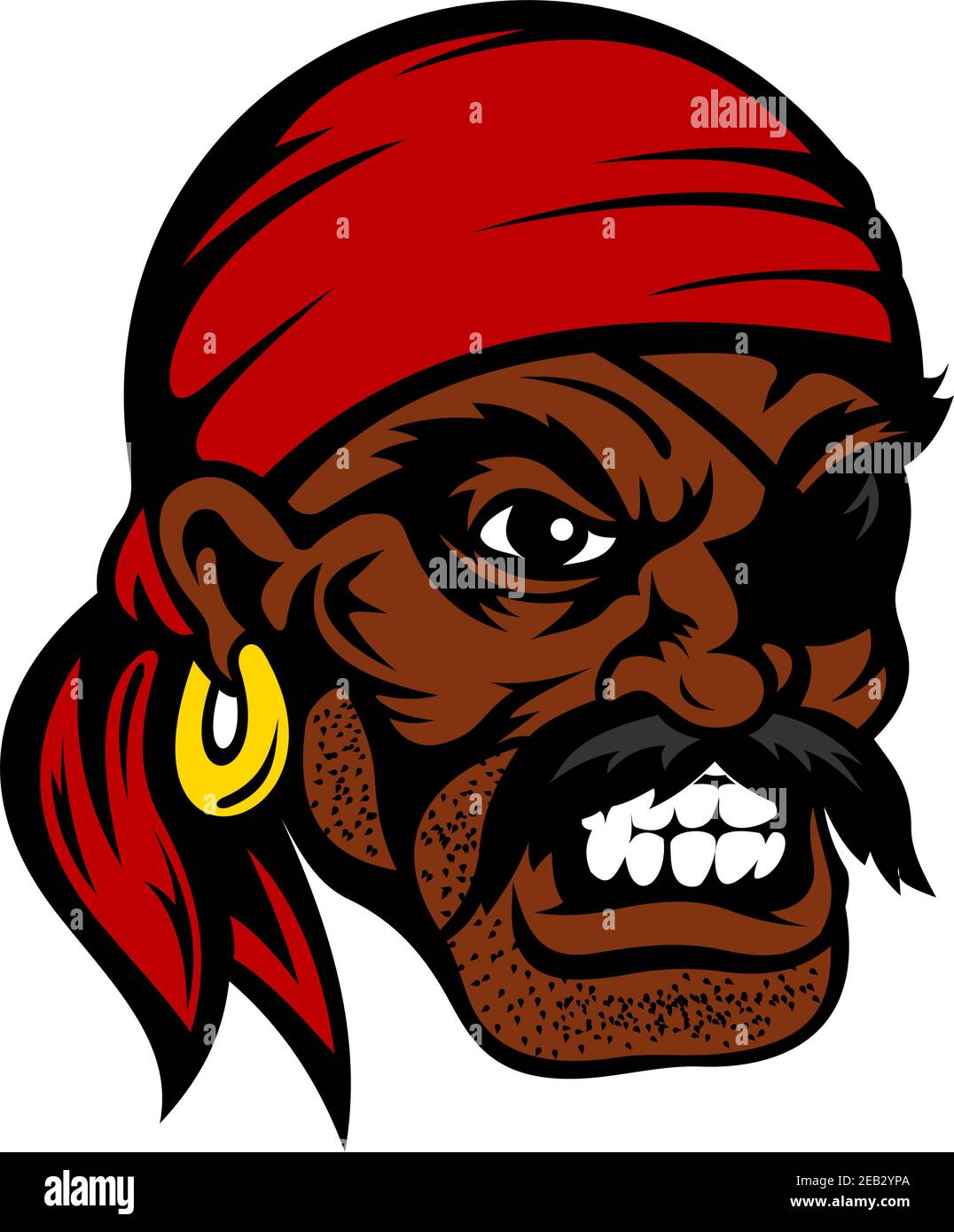 Growling cartoon african american pirate face with eye patch, red bandana and gold earring, for nautical or marine adventure themes design Stock Vector