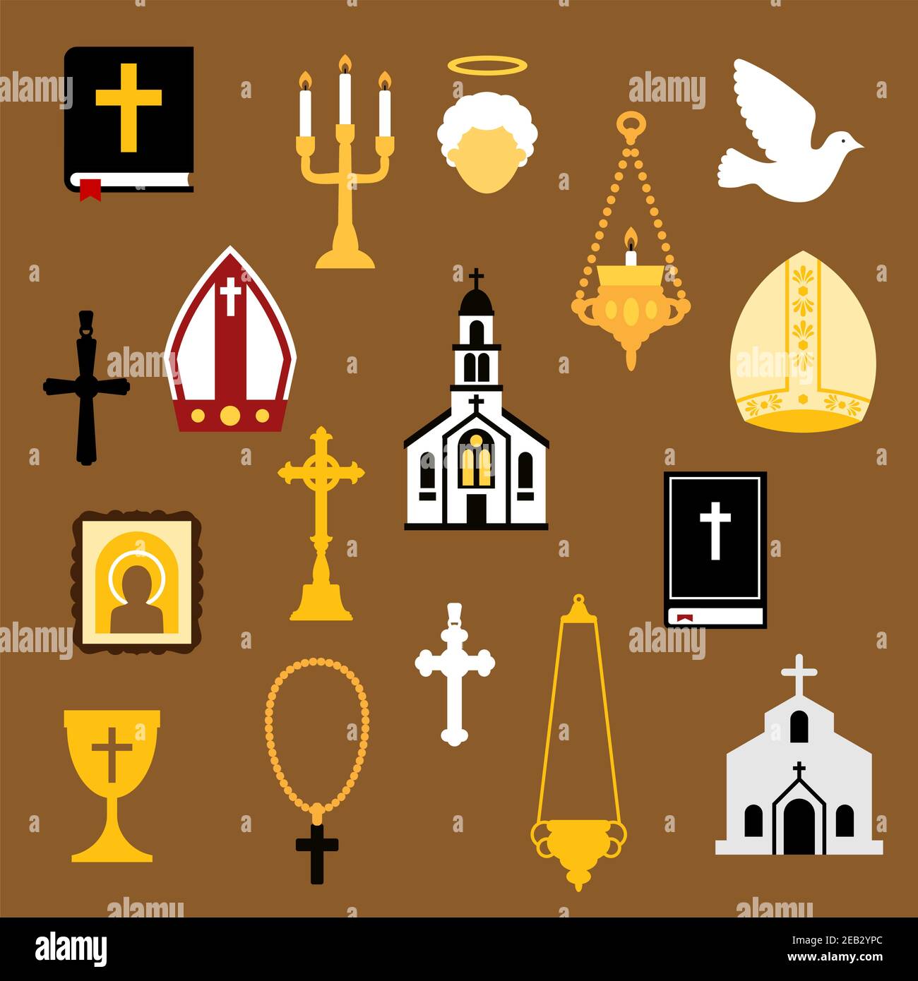 Religious flat icons with bible books, crosses, chalice, rosary, church or temple building, angel, white dove, icon, mitres and candelabras Stock Vector