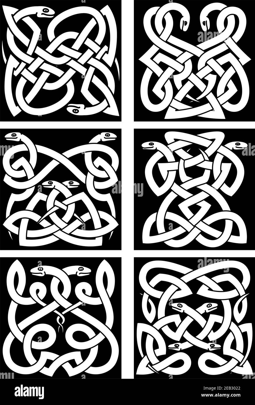 Celtic snakes knot patterns with intertwined reptiles and tribal ornament. Medieval embellishment or tattoo design elements Stock Vector