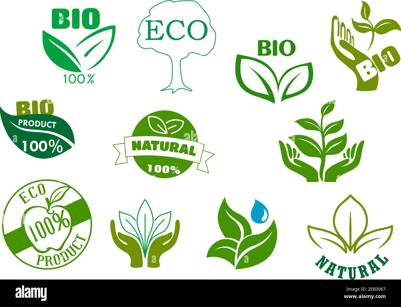 Bio, eco and natural products symbols with green leaves in hands, water drops, healthy organic apple fruits and tree. For food package design Stock Vector