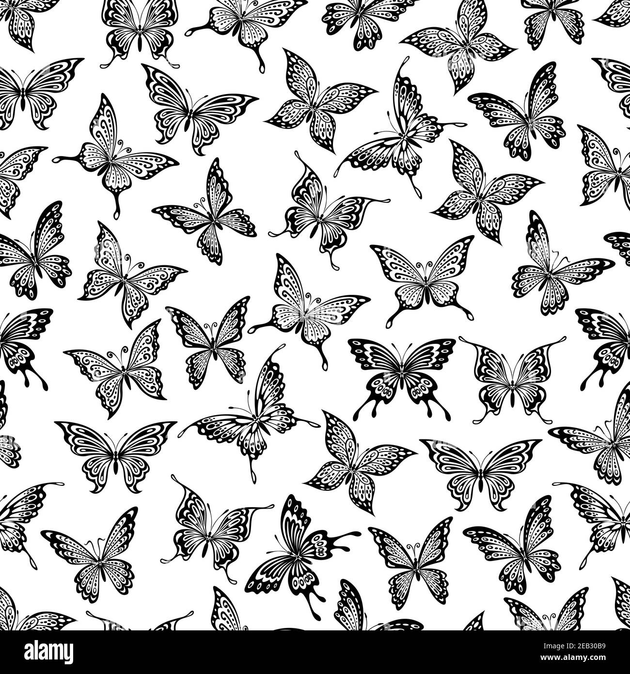 Seamless pattern with black flying butterflies on white background, for ...