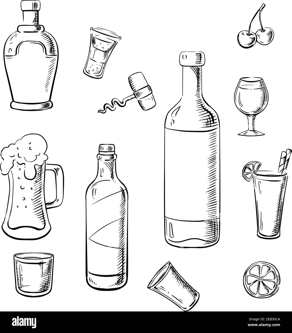 Wine bottles, whiskey, liquor, beer and cocktails with lemons, cherries and corkscrew. Sketch icons for food and drinks design Stock Vector