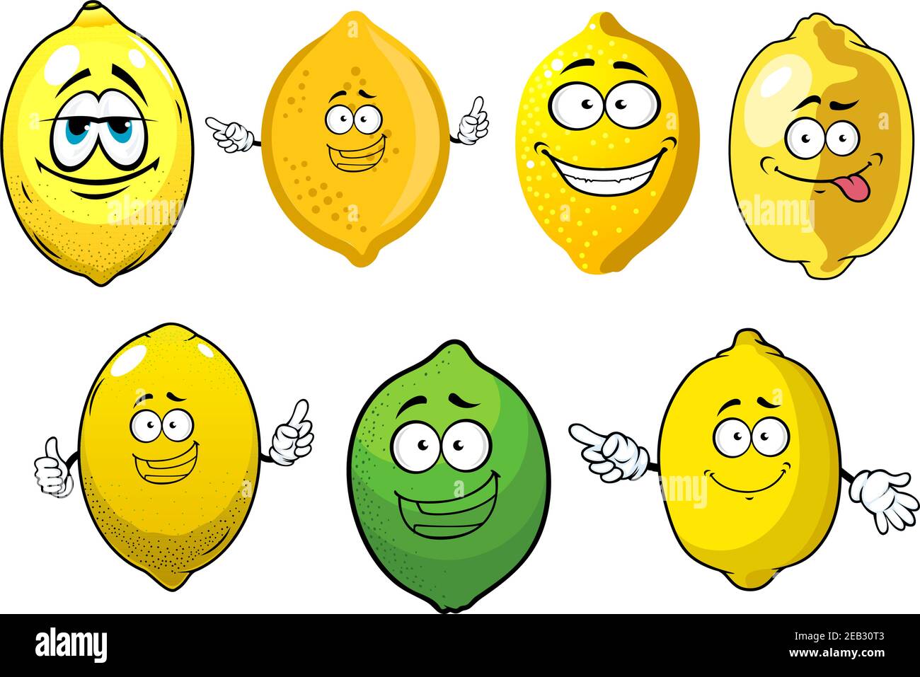 Fresh juicy yellow lemons and green lime fruits cartoon characters with