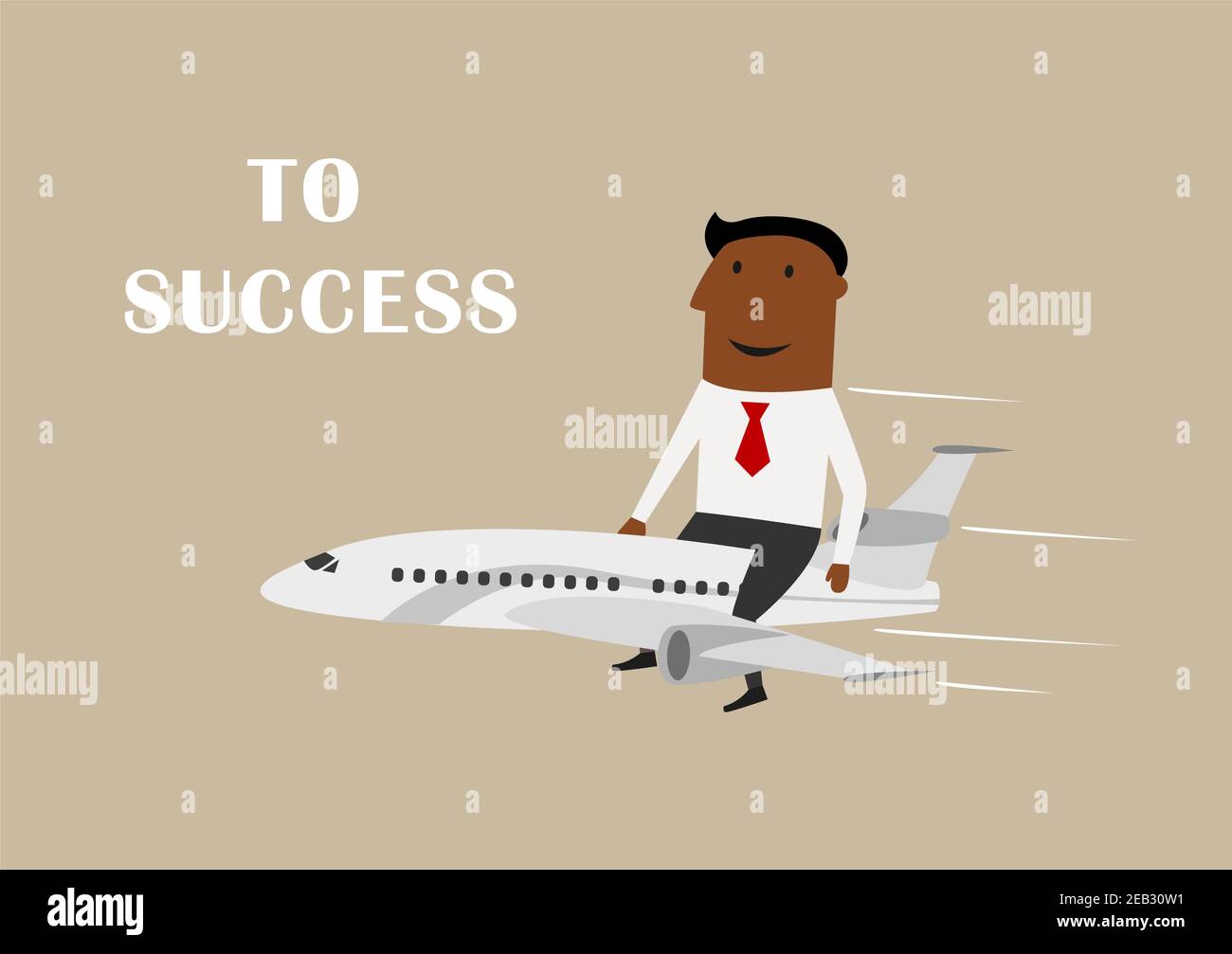 Excited african american businessman flying on airplane to success, for leadership or goal achievement design. Cartoon flat character Stock Vector
