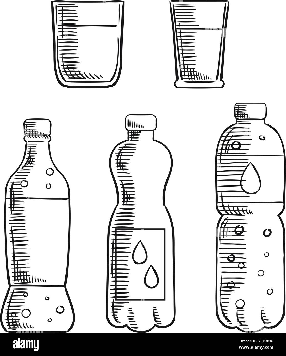 Sweet soft drink, non-carbonated and carbonated mineral water in plastic bottles and two glasses sketch icons. For drink and beverage design Stock Vector