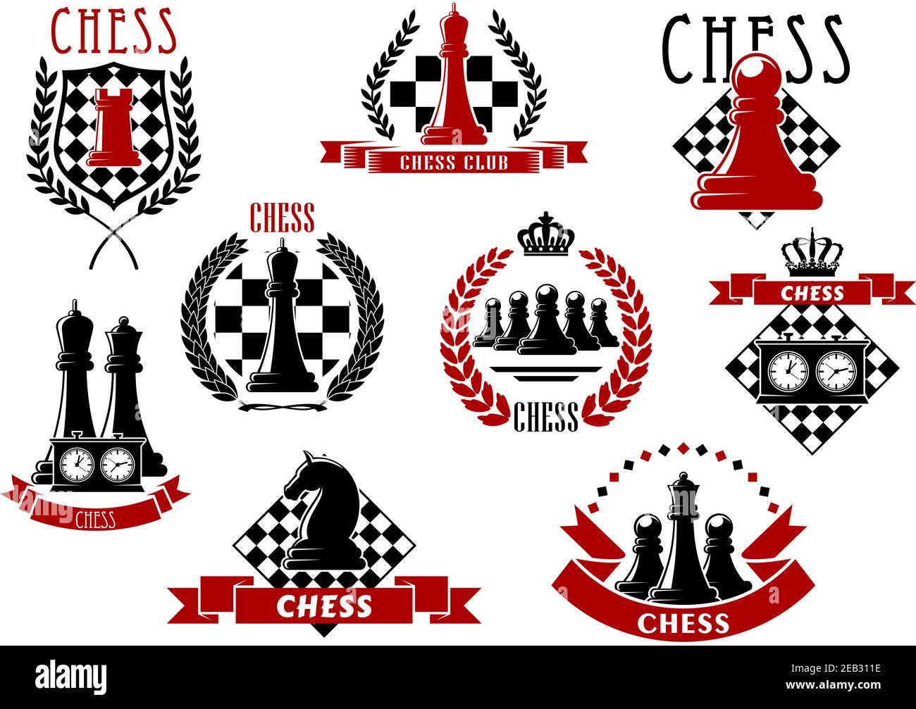 Chess icons with red and black kings, queens, rook, knight, pawns chessman and clocks on chessboard and checkered shield. Adorned by laurel wreaths, r Stock Vector