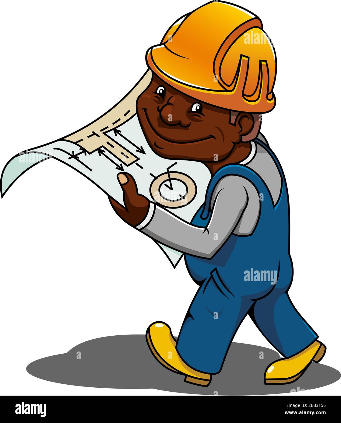 African american construction engineer or builder cartoon character in yellow hard hat and blue overalls holding blueprint of building project Stock Vector