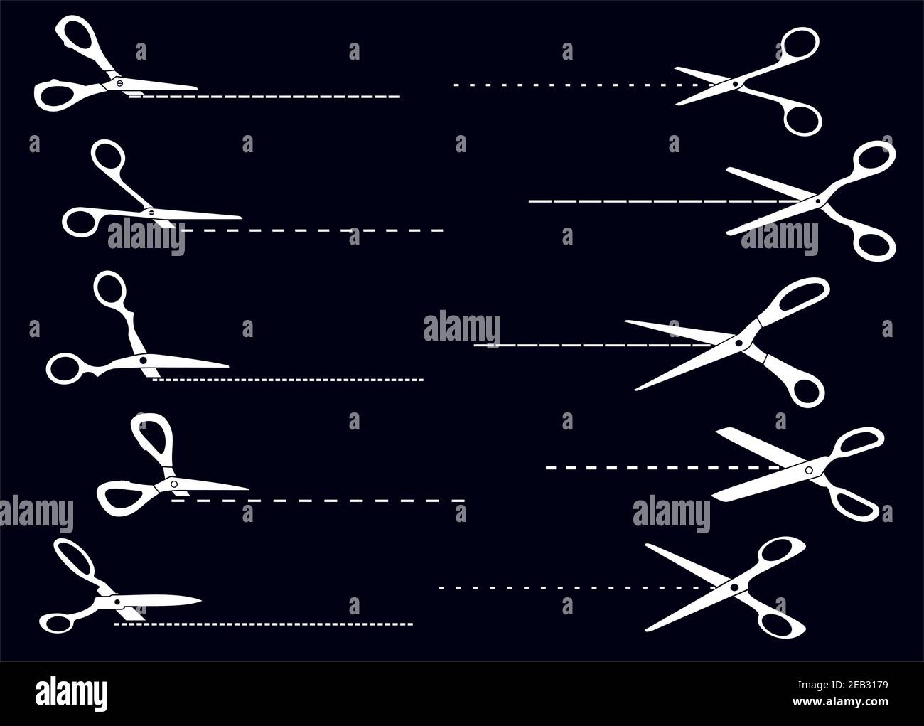 Open cutting scissors and cut lines white silhouettes template design
