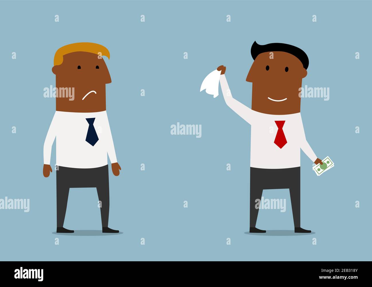 Happy smiling businessman taking money from sad competitor and waving goodbye to him. Concept of business competition and unfair profit Stock Vector