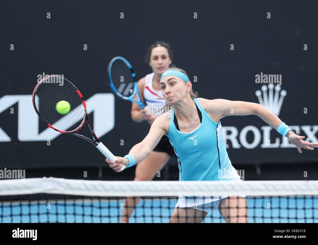 Melbourne Australia. 12th Feb 2021. Aleksandra Krunic R of Serbia Martina Trevisan of Italy compete during the women s doubles match between Zhu Lin of China Mona Barthel of Germany and Aleksandra Kru...
