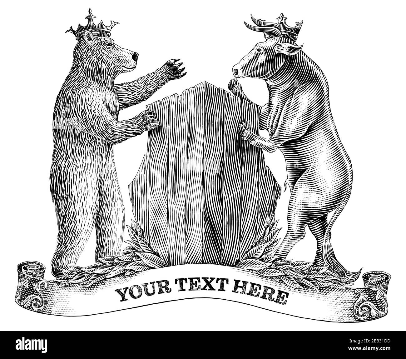 Bull and Bear fighting hand draw vintage engraving style black and white clip art isolated on white background Stock Vector