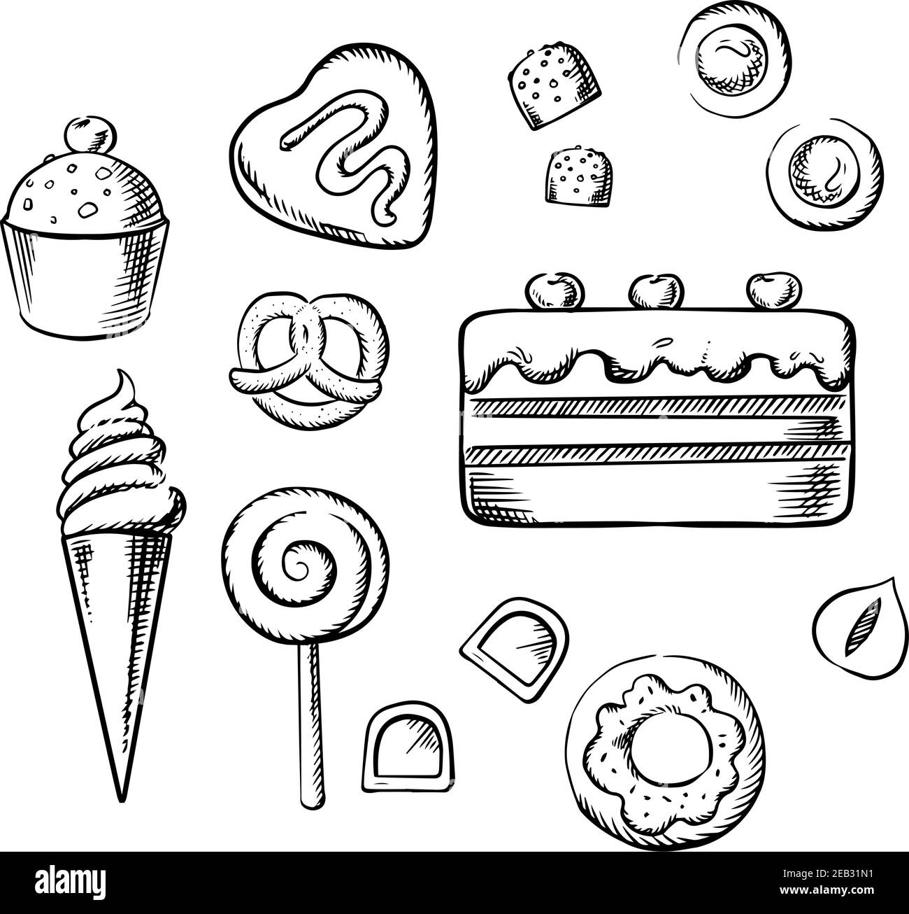 Sweet cake and cupcake with cream, ice cream cone, glazed doughnut, chocolate candies with hazelnuts and fondant, cookies, lollipop and pretzel. Sketc Stock Vector