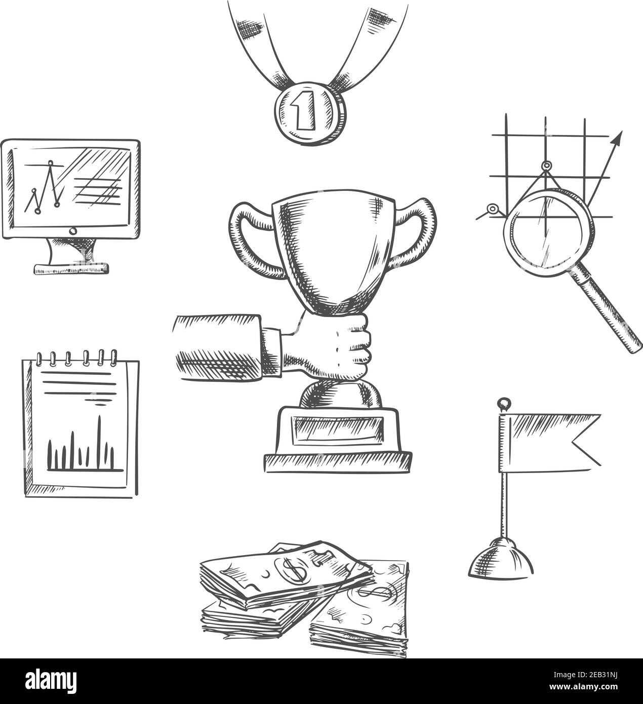 Business, achievement, management, creative and success sketch icons with human hand, trophy cup, flag, money, chart, notebook, monitor, medal and mag Stock Vector