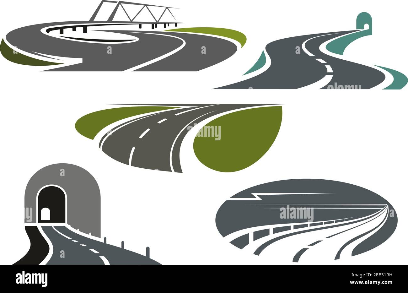 Mountain tunnels, highways, overpass road with bridge and winding bypass rural roads. Icons for travel or transportation themes Stock Vector