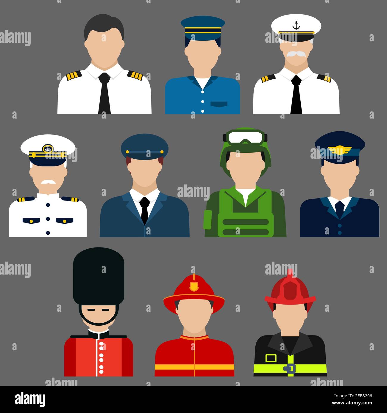 Flat icons of professions avatars of firefighter, soldier, pilot , security and ship captain with men in professional uniform and caps Stock Vector