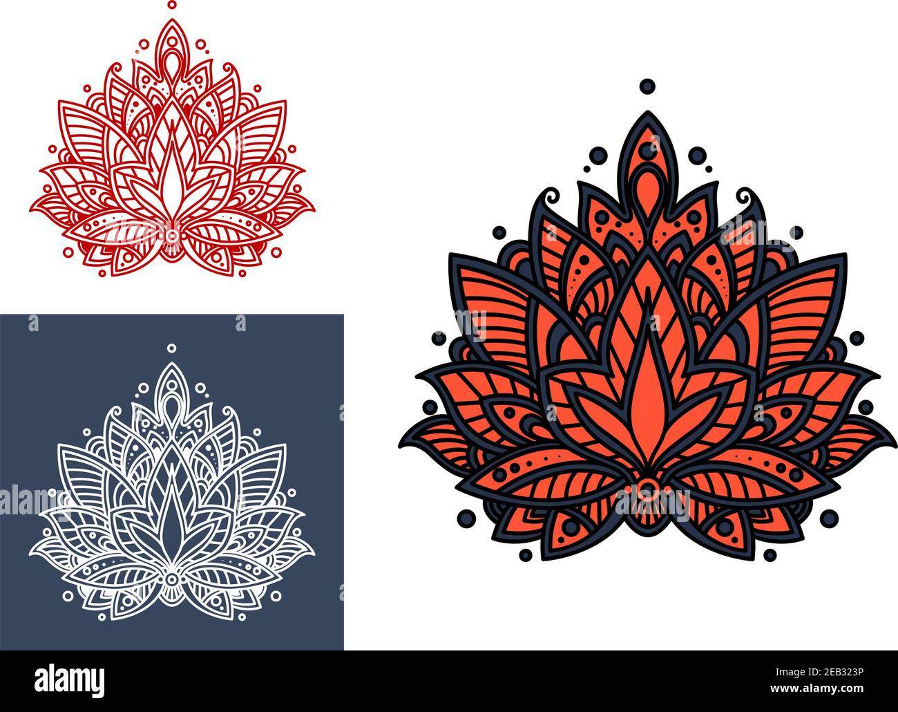 Persian flower with bright coral paisley petals, decorated by intricate blue oriental ornament. For textile or lace embellishment design Stock Vector