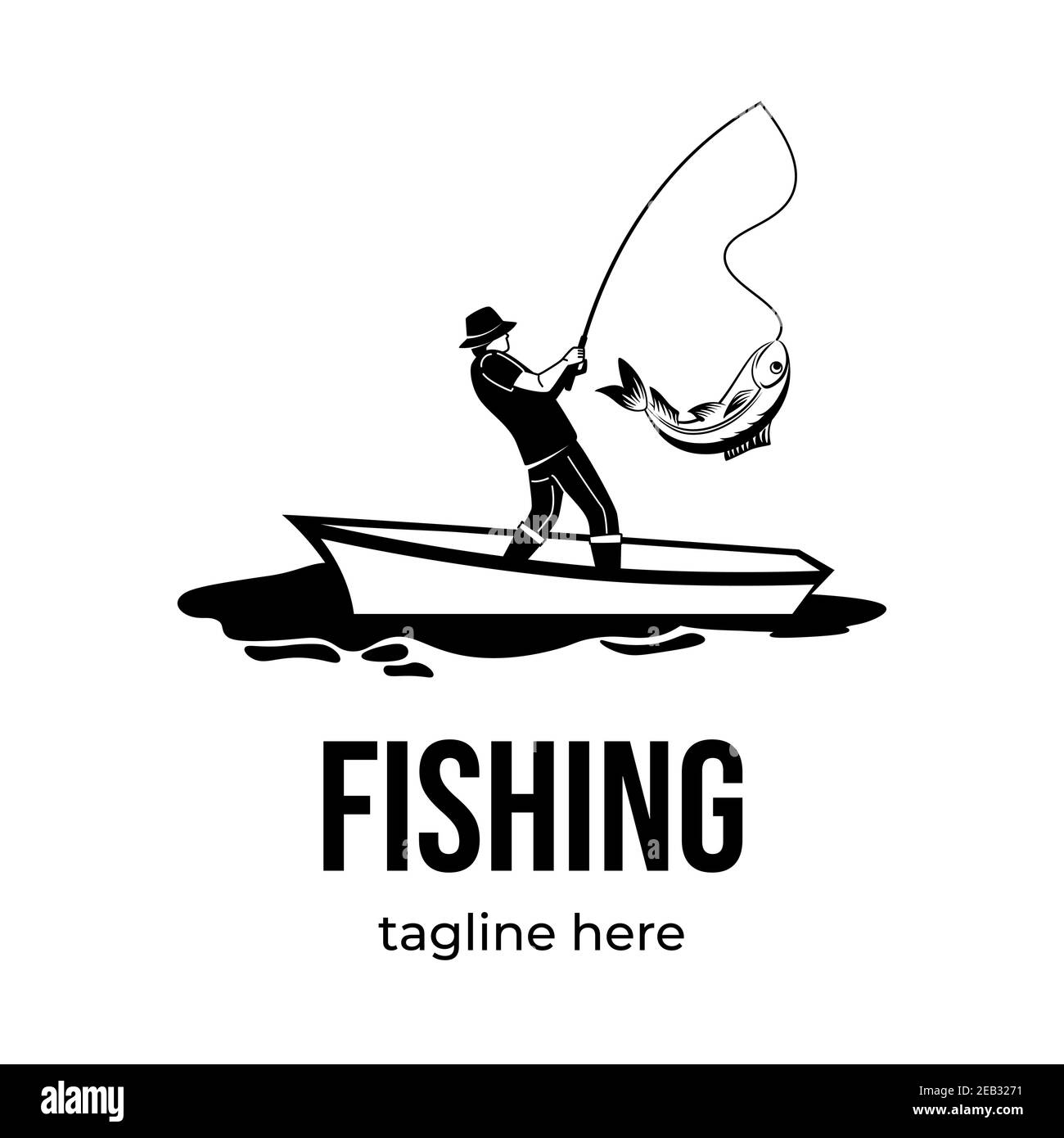 Fishing logotype template isolated on white background with text space.  Male silhouette catching fish with fishing rod from boat vector logo  design. Fishing sport, summer relaxing hobby Stock Vector Image & Art 